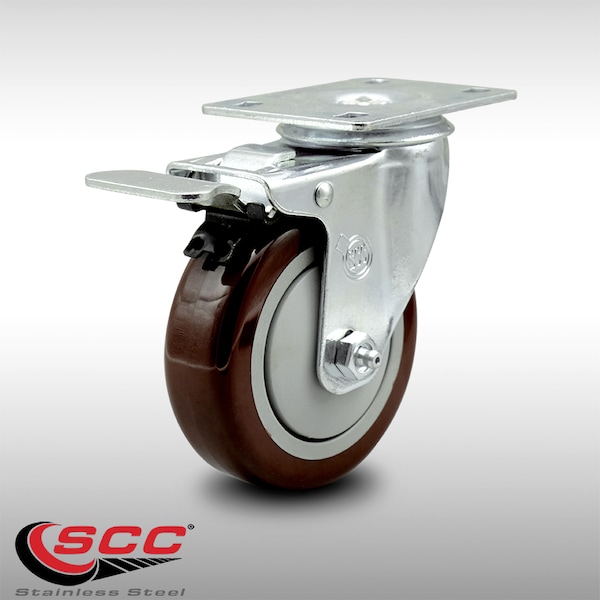 4 Inch SS Maroon Polyurethane Top Plate Caster with Total Lock Brake SCC